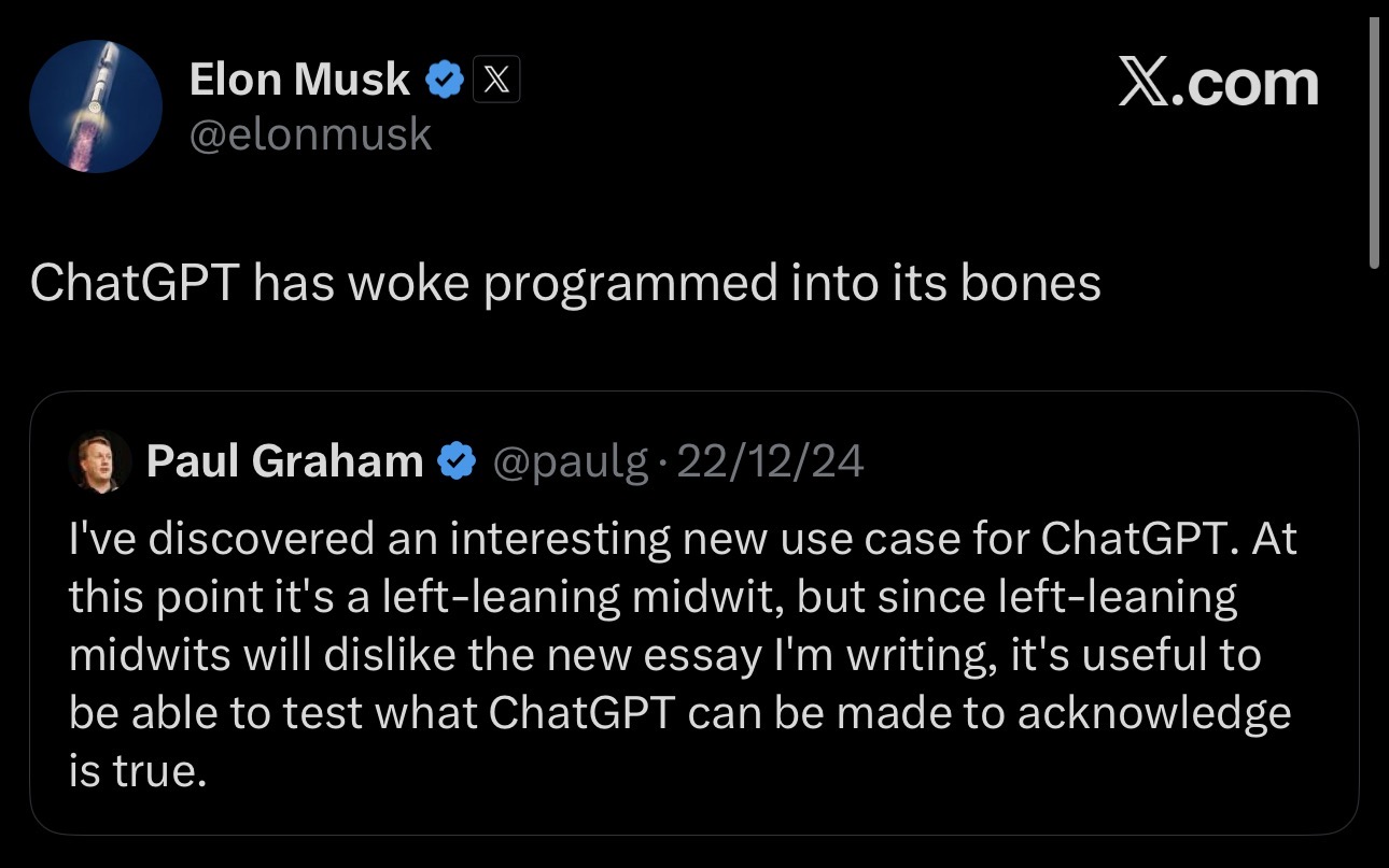Elon Musk quoting Paul Graham on ChatGPT bias